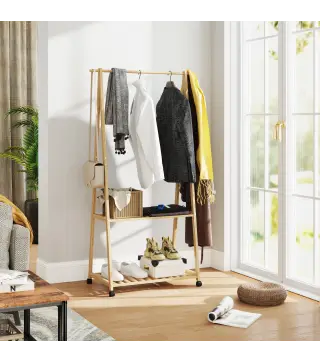 Perchero Burro para Ropa de Bambú con Ruedas 2 Estantes Abiertos y 2 Ganchos 84,5x43,5x158 cm Natural