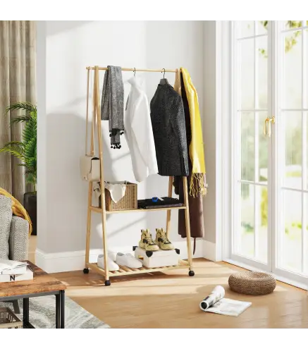 Perchero Burro para Ropa de Bambú con Ruedas 2 Estantes Abiertos y 2 Ganchos 84,5x43,5x158 cm Natural