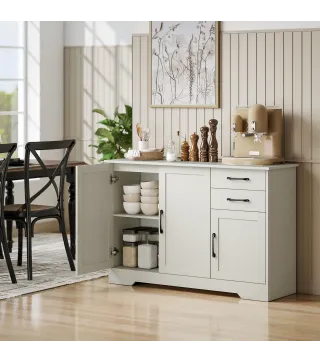 Aparador para Salón Moderno con 3 Puertas 2 Cajones Estante Ajustable para Comedor Entrada 120x38x79 cm Crema