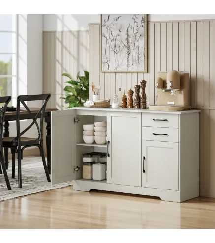 Aparador para Salón Moderno con 3 Puertas 2 Cajones Estante Ajustable para Comedor Entrada 120x38x79 cm Crema