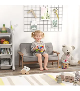 Sofá para Niños de 2 Plazas Sillón Infantil de Felpa Suave Estructura de Madera para Niños de +3 Años Gris