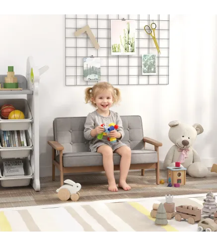 Sofá para Niños de 2 Plazas Sillón Infantil de Felpa Suave Estructura de Madera para Niños de +3 Años Gris