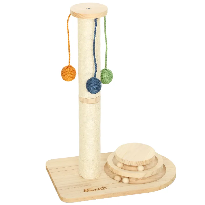 Poste Rascador para Gatos Altura 56,5 cm con 3 Bolas Colgantes Juguete de Pelota de Pista Madera Natural