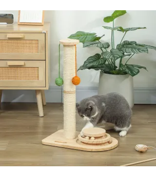 Poste Rascador para Gatos Altura 56,5 cm con 3 Bolas Colgantes Juguete de Pelota de Pista Madera Natural