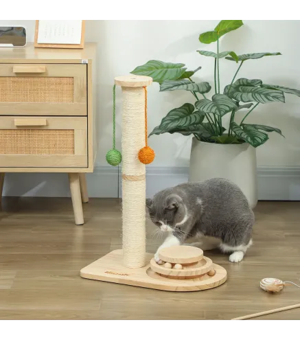 Poste Rascador para Gatos Altura 56,5 cm con 3 Bolas Colgantes Juguete de Pelota de Pista Madera Natural