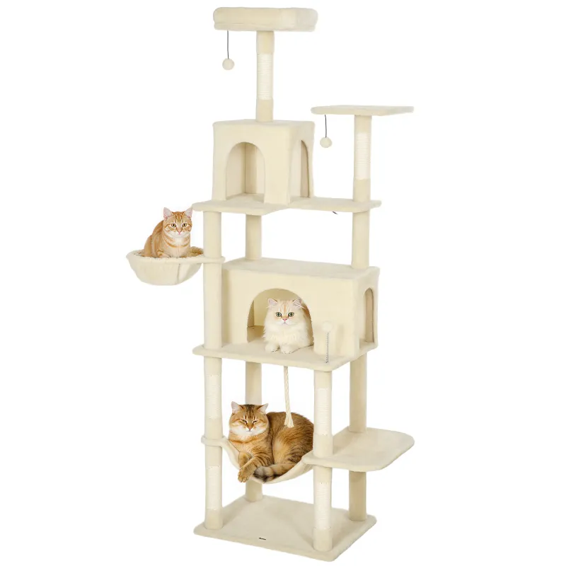 Árbol Rascador para Gatos con Plataforma Torre Escalador para Gatos con Cama Cuevas Postes de Sisal 60x48x202 cm Beige