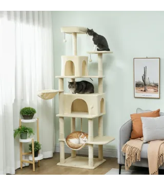 Árbol Rascador para Gatos con Plataforma Torre Escalador para Gatos con Cama Cuevas Postes de Sisal 60x48x202 cm Beige