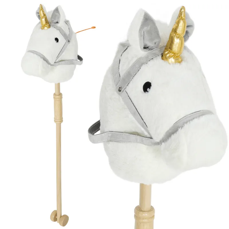 Cabeza de Caballo con Palo de Madera Diseño Unicornio Sonidos y Ruedas Caballo de Juguete 95 cm de Altura Blanco