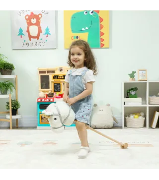 Cabeza de Caballo con Palo de Madera Diseño Unicornio Sonidos y Ruedas Caballo de Juguete 95 cm de Altura Blanco