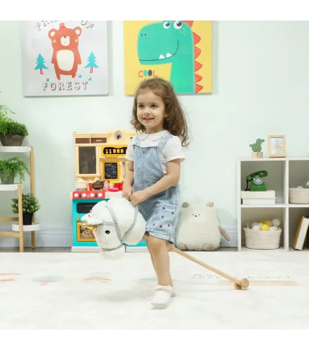 Cabeza de Caballo con Palo de Madera Diseño Unicornio Sonidos y Ruedas Caballo de Juguete 95 cm de Altura Blanco