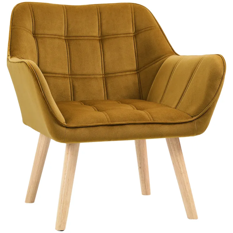 Butaca de Salón Moderna Tapizado en Terciopelo con Patas de Madera para Sala de Estar Amarillo Butaca de Salón Moderna Tapizado en Terciopelo con Patas de Madera para Sala de Estar Amarillo