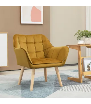 Butaca de Salón Moderna Tapizado en Terciopelo con Asiento Ancho Patas de Madera para Sala de Estar Amarillo