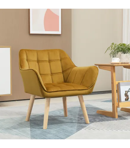 Butaca de Salón Moderna Tapizado en Terciopelo con Patas de Madera para Sala de Estar Amarillo