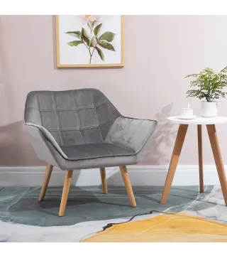 Butaca de Salón Moderna Tapizado en Terciopelo con Asiento Ancho Patas de Madera Sillón Relax para Sala de Estar Gris