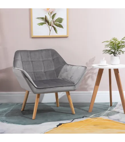 Butaca de Salón Moderna Tapizado en Terciopelo con Patas de Madera Sillón Relax para Sala de Estar Gris