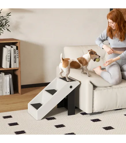 Escalera para Perros Plegable de 3 Peldaños para Mascotas Mayores para Cama Sofá 53x30,5x36,5 cm Crema