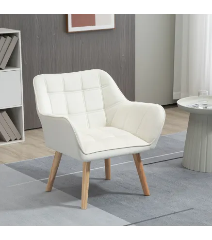 Butaca de Salón Moderna Tapizado en Terciopelo con Asiento Ancho Patas de Madera Sillón Relax para Sala de Estar Crema