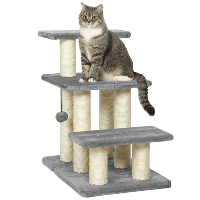 Escalera para Gatos de 3 Peldaños Altura Ajustable con Postes Rascadores y Bola Colgante Carga 10 kg 52x34,5x54 cm Gris Escalera para Gatos de 3 Peldaños Altura Ajustable con Postes Rascadores y Bola Colgante Carga 10 kg 52x34,5x54 cm Gris