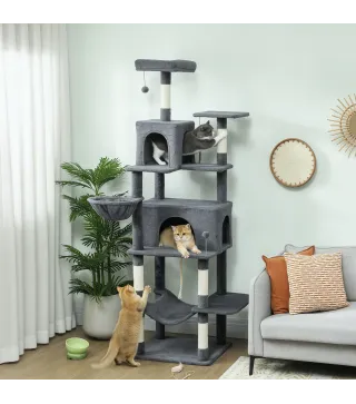 Árbol Rascador para Gatos con Plataforma Torre Escalador para Gatos con Cama Cuevas Postes de Sisal 60x48x202 cm Gris