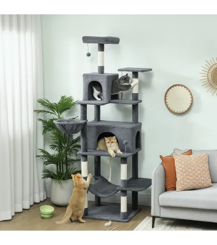Árbol Rascador para Gatos con Plataforma Torre Escalador para Gatos con Cama Cuevas Postes de Sisal 60x48x202 cm Gris
