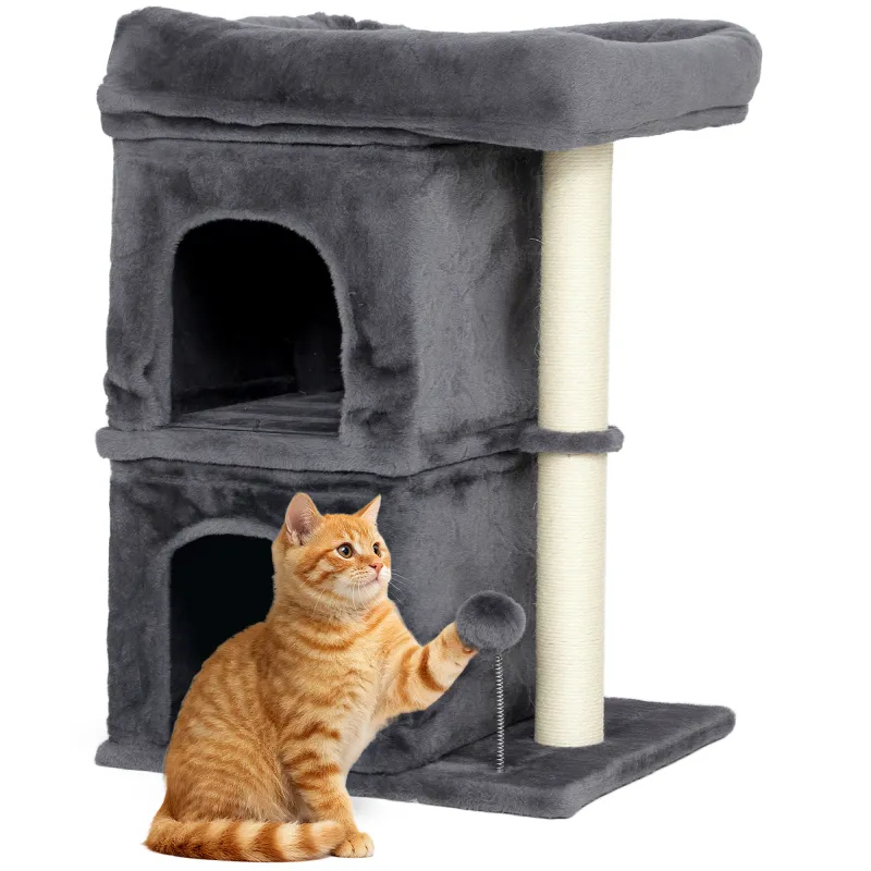 Árbol Rascador para Gatos Árbol para Gatos 66 cm con Cama 2 Cuevas Poste de Sisal Bola para Jugar Gris Oscuro