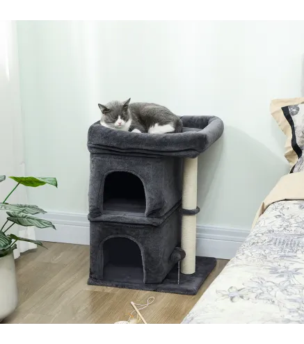 Árbol Rascador para Gatos Árbol para Gatos 66 cm con Cama 2 Cuevas Poste de Sisal Bola para Jugar Gris Oscuro