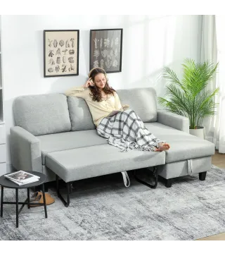 Sofá Cama Chaise Longue de 3 Plazas Chaise Longue Reversible Ambos Lados con Almacenaje con Fundas Removibles Gris