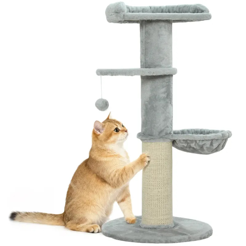 Árbol Rascador para Gatos 103,5 cm con Cama Hamaca Plataforma Poste de Sisal Grueso Bola Colgante Gris Claro