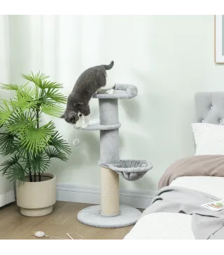 Árbol Rascador para Gatos 103,5 cm con Cama Hamaca Plataforma Poste de Sisal Grueso Bola Colgante Gris Claro
