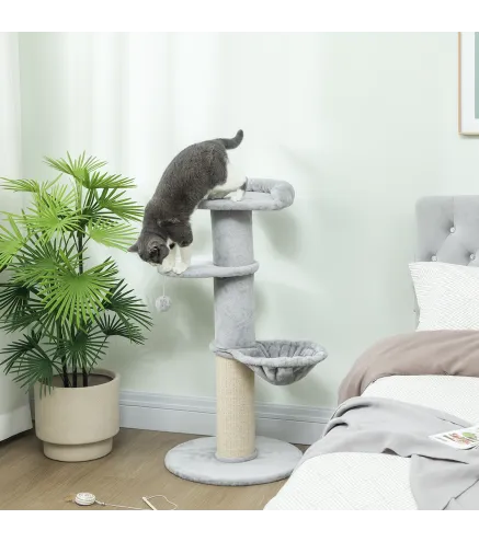 Árbol Rascador para Gatos 103,5 cm con Cama Hamaca Plataforma Poste de Sisal Grueso Bola Colgante Gris Claro
