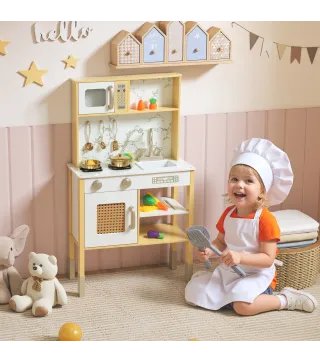 Cocina de Juguete de Madera con Sonido con Accesorios de Acero Inoxidable Verduras para Cortar Dorado