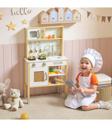 Cocina de Juguete de Madera con Sonido con Accesorios de Acero Inoxidable Verduras para Cortar Dorado