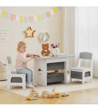 Mesa Infantil con 2 Sillas con 6 Cajones de Tela Diseño Estrellas para Niños y Niñas de 3-8 Años Gris Claro