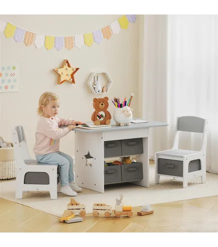Mesa Infantil con 2 Sillas con 6 Cajones de Tela Diseño Estrellas para Niños y Niñas de 3-8 Años Gris Claro