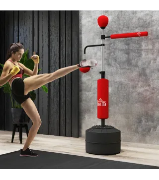 Saco de Boxeo de Pie Ajustable en Altura con Barra Giratoria de 360° 2 Bolas y Base Rellenable 88x50x160-230 cm Rojo