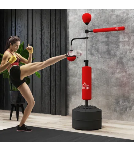 Saco de Boxeo de Pie Ajustable en Altura con Barra Giratoria de 360° 2 Bolas y Base Rellenable 88x50x160-230 cm Rojo