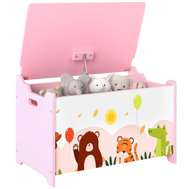Caja de Almacenaje de Juguetes Baúl Juguetes Infantil con Tapa Abatible Asas Estampados de Animales 60x37x39 cm Rosa