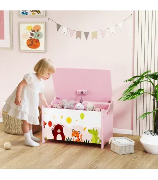 Caja de Almacenaje de Juguetes Baúl Juguetes Infantil con Tapa Abatible Asas Estampados de Animales 60x37x39 cm Rosa