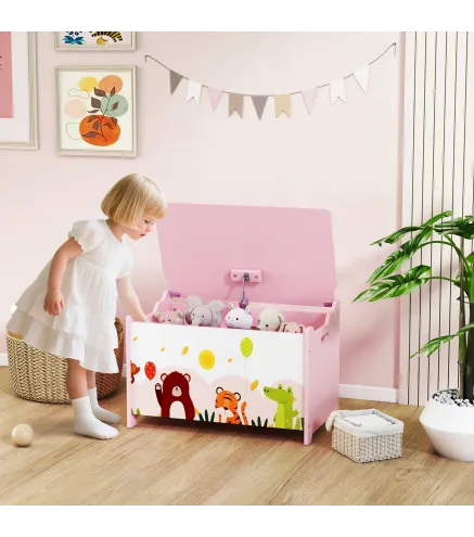 Caja de Almacenaje de Juguetes Baúl Juguetes Infantil con Tapa Abatible Asas Estampados de Animales 60x37x39 cm Rosa