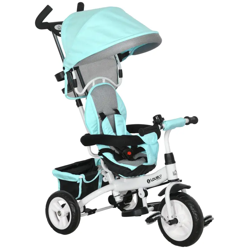 Triciclo Evolutivo para Niños de 1-5 Años con Toldo Plegable Mango Telescópico y Cinturón de Seguridad Verde Mint