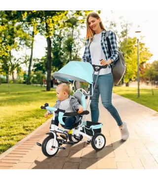 Triciclo Evolutivo para Niños de 1-5 Años con Toldo Plegable Mango Telescópico y Cinturón de Seguridad Verde Mint