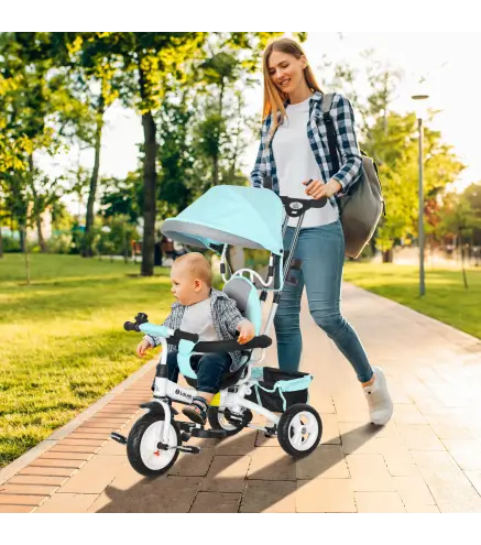 Triciclo Evolutivo para Niños de 1-5 Años con Toldo Plegable Mango Telescópico y Cinturón de Seguridad Verde Mint