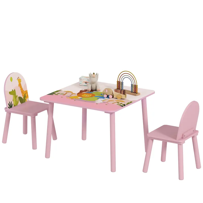 Mesa Infantil con 2 Sillas Mesa y Sillas Infantil con Estampados de Animales para Niños y Niñas de 3-8 Años Rosa