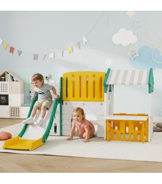 Tobogán Infantil 7 en 1 con Caseta Escalera Aro de Baloncesto Túnel Pizarra Telescopio para Interior Amarillo y Verde