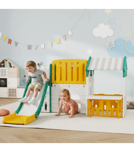 Tobogán Infantil 7 en 1 con Caseta Escalera Aro de Baloncesto Túnel Pizarra Telescopio para Interior Amarillo y Verde