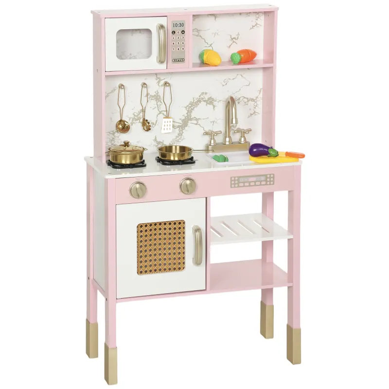 Cocina de Juguete de Madera con Sonido con Accesorios de Acero Inoxidable Verduras para Cortar Rosa