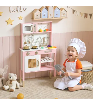 Cocina de Juguete de Madera con Sonido con Accesorios de Acero Inoxidable Verduras para Cortar Rosa