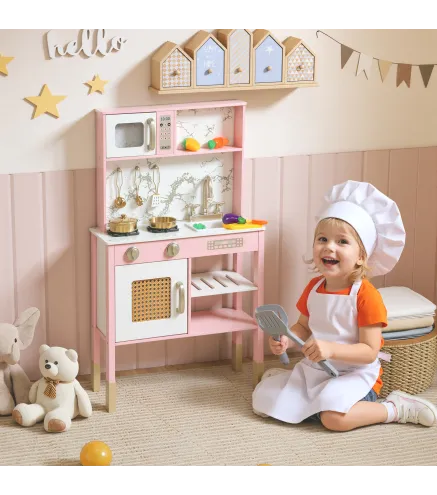 Cocina de Juguete de Madera con Sonido con Accesorios de Acero Inoxidable Verduras para Cortar Rosa
