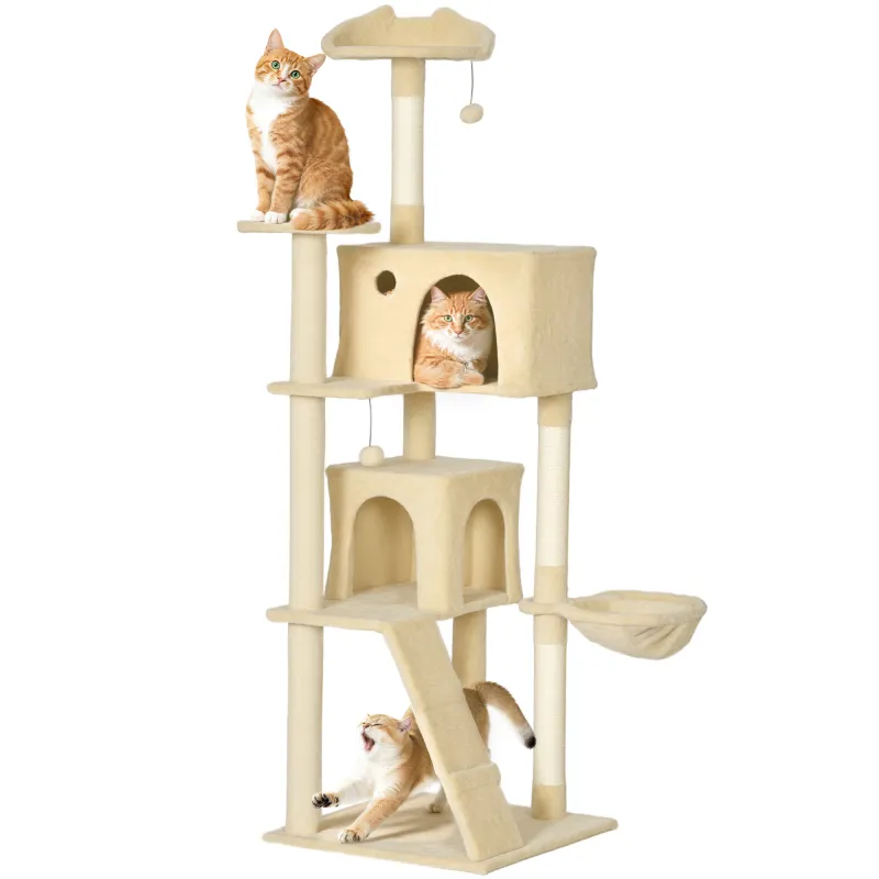 Árbol Rascador para Gatos 180 cm con Plataformas Cama 2 Cuevas Hamaca Escalera Postes de Sisal Beige