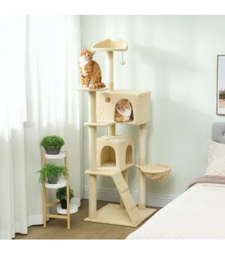 Árbol Rascador para Gatos 180 cm con Plataformas Cama 2 Cuevas Hamaca Escalera Postes de Sisal Beige